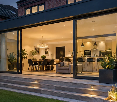 Architectural concept of a brick home extension with glazed doors and an open kitchen