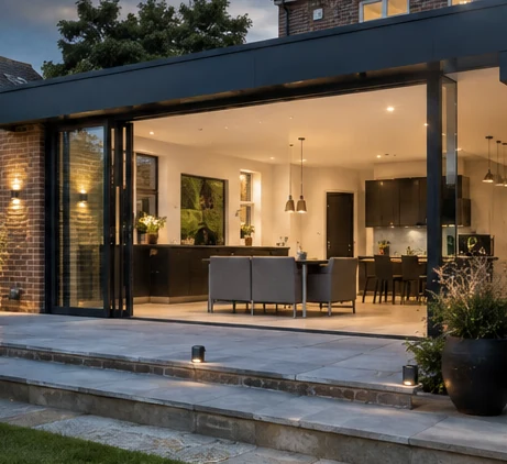 Architectural concept of an open-plan rear extension with warm interior lighting