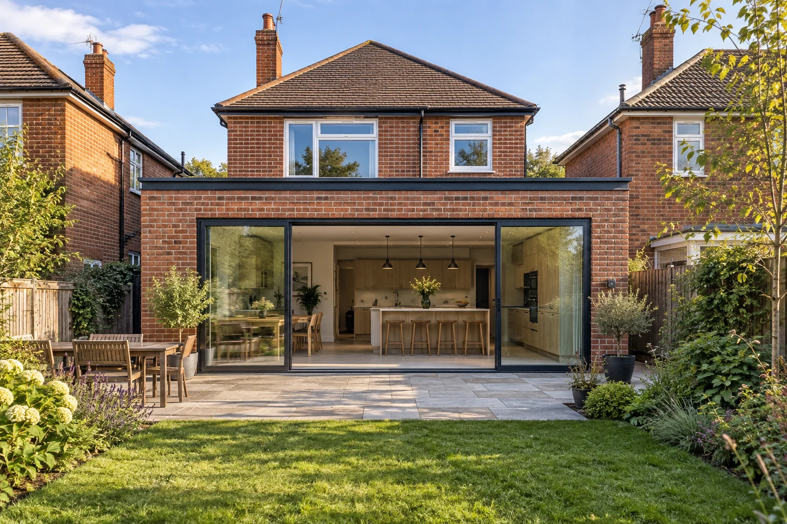 Architectural concept of a Nottingham-style brick house extension opening onto a garden