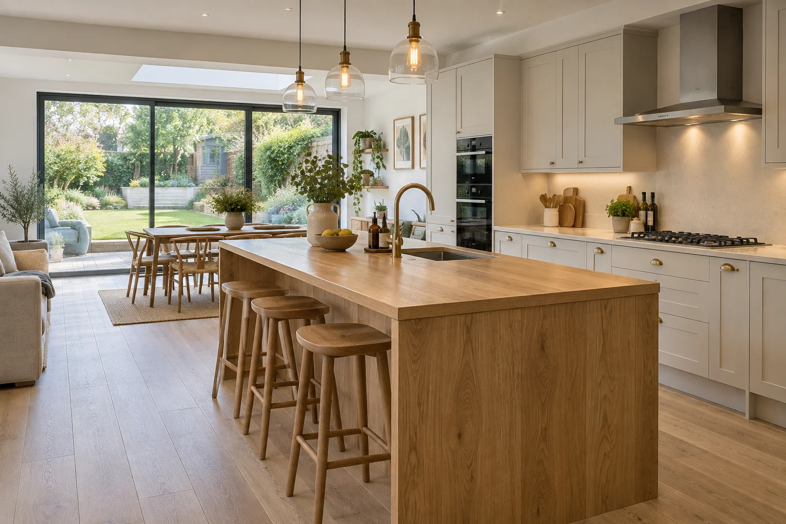 Architectural concept of a bright kitchen renovation with an oak island