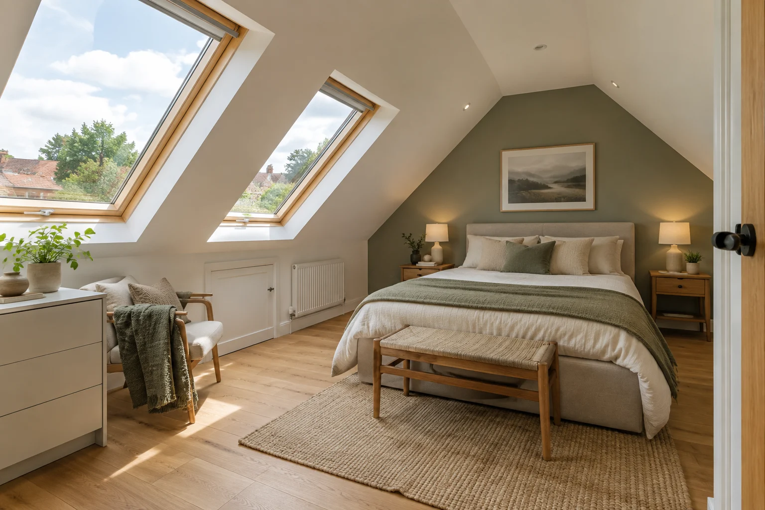 Architectural concept of a loft conversion with roof windows and oak flooring